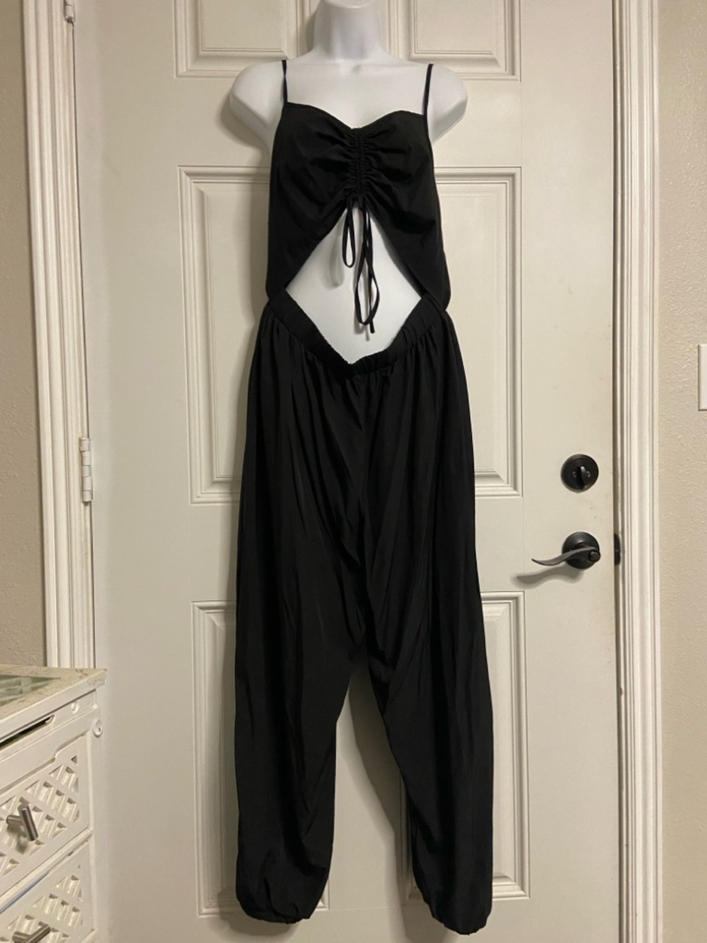 T38a- JORESS CURVE Satin Black Ruched Spaghetti Jogger Hem Jumpsuit